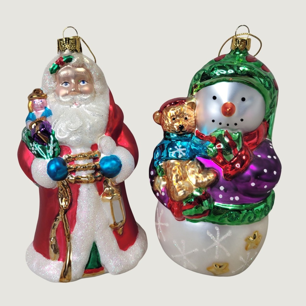 Brass Key BK Glass Christmas Ornaments Santa Snowman Teddy Bear Set of 2